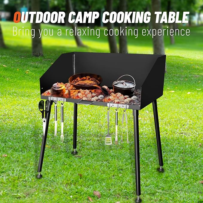 30 Inch Outdoor Camp Cooking Table, with Foldable Three-Sided Windscreen and Legs for Dutch Oven Cooking and Food Preparation with Charcoal Briquettes