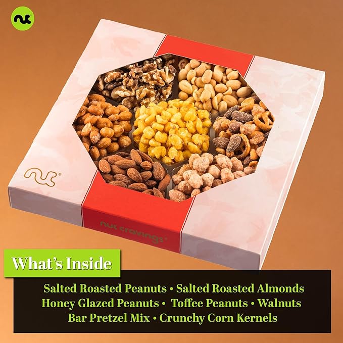 NUT CRAVINGS - Diwali Sweets Hamper Mixed Nuts Gift Basket in Red Gold Classic Box (7 Assortments, 1 LB) Food Arrangement, Healthy Snack Care Package, Food Assortments
