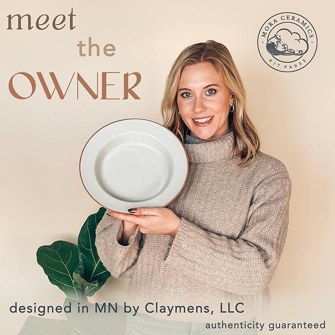 MORA Ceramic Wide Rimmed Soup Bowl 25oz, Set of 4 - For Pasta, Italian, Spaghetti, Dipping Bread, Fancy Dinner etc. Large Plate/Bowls Hybrid For Everyday & Restaurant Use, Large Flat Rim - Vanilla