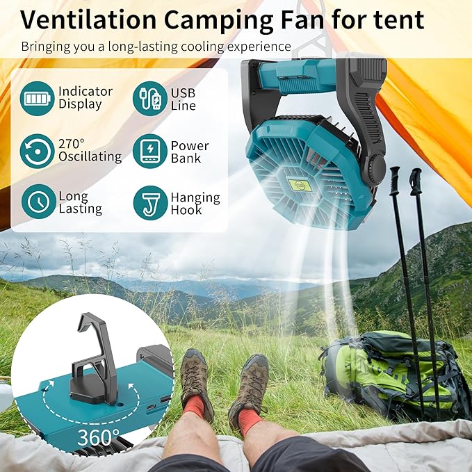 Battery Powered Fan，270° Rotating Battery Operated Camping Fan Rechargeable, USB Desk Personal Table Cordless with Hook, Outdoor Camping for Tents,Travel X23 Cyan