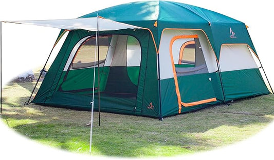 KTT Extra Large Tent 6-10-12-14 Person(A),Family Cabin Tents,2 Rooms,3 Doors and 3 Windows with Mesh,Straight Wall,Waterproof,Double Layer,Big Tent for Outdoor,Picnic,Camping,Family Gathering
