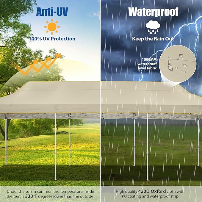 HOTEEL 10x30 Pop up Canopy Tent for Parties, Heavy Duty Easy Setup Tent Without Sidewalls, Outdoor Commercial Instant Gazebo for Wedding Event, with Portable Bag, Khaki(Hexagonal Frame)
