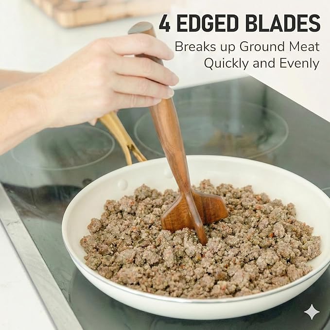 Teak Wooden Meat Chopper, Ground Beef Chopper Tool, Hamburger Smasher, Potato Masher & Chicken Shredder, Durable Wood Meat Pounder Kitchen Utensil, Cooking Gadget 10.5 Inches