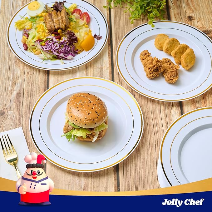 JOLLY CHEF 200 Pieces Gold Plastic Plates, 10 Inch Elegan Disposable Plates White Plate with Gold Rim,Plastic Plates for Dinner、Birthdays and Weddings