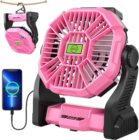 Battery Powered Fan Rechargeable,Cordless Camping Fan with Led Lights & 360°Hook, USB Battery Operated Fans for Women,4 Speeds Tent Portable for Traveling X23 Pink