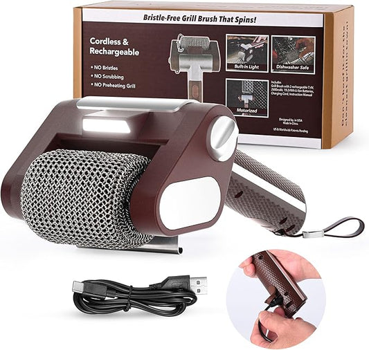 Electric Grill Cleaner Bristle Free – Cordless, Rechargeable BBQ Grill Brush with 350 RPM Stainless Roller, LED Light, Dishwasher-Safe for Gas/Charcoal Grills