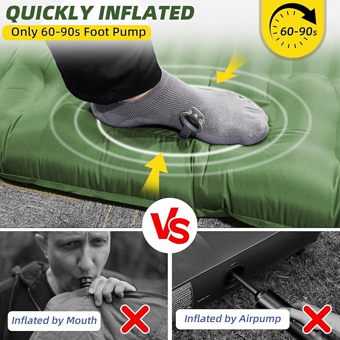 Sleeping Pad for Camping, 32.68 Inch Extra Wide Camping Mat with Pillow, Inflatable Sleeping Pads with Built-in Foot Pump, Air Mattress Extra Thick 5.11 Inch for Backpacking, Hiking, Tent (Army Green)