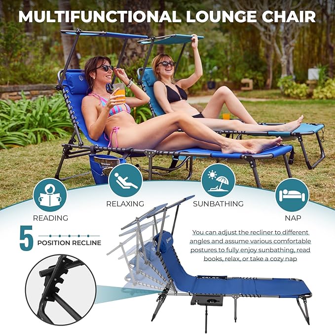 FUNDANGO 4 in 1 Tanning Chair with Face Hole, Beach Lounge Chair w/Canopy Shade & Side Table Chaise Lounge Chairs for Patio, Pool, Lawn, Sunbathing, 5-Position Adjustable Sun Lounger, Set of 2 Blue