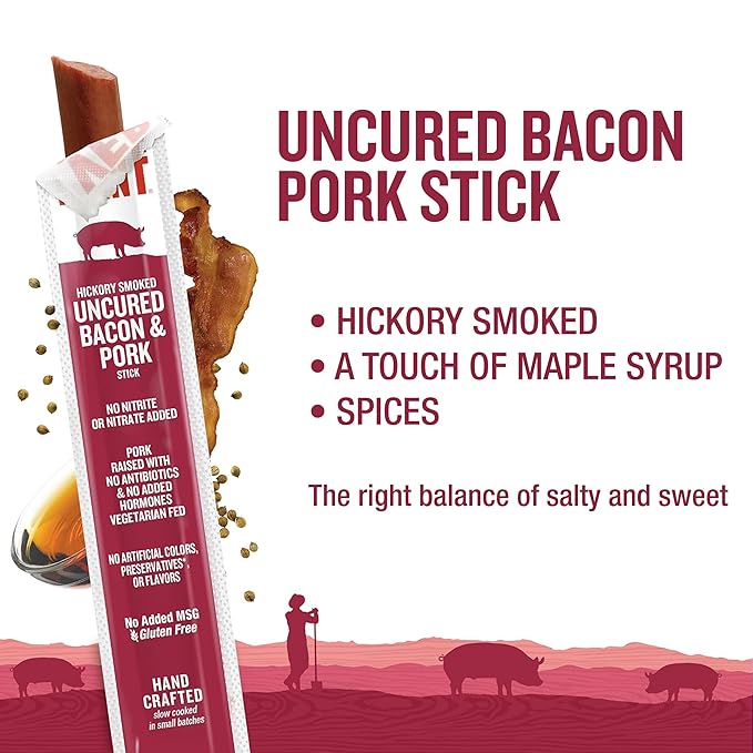 Vermont Smoke & Cure Meat Sticks - Uncured Pork Bacon Sticks - Protein Snacks, No Antibiotics or Added Hormones, Hiking Snacks - 1 oz, 24 count carton