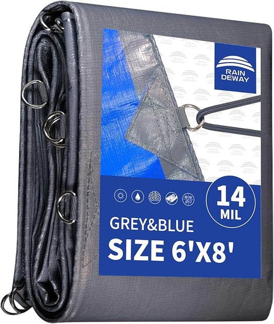 RAINDEWAY Tarps Heavy Duty Waterproof 6x8 Feet -14 Mils Super Heavy Duty Tarp with Metal Rings and Reinforced Corners and Edges, UV Resistant, Multipurpose Poly Tarp,Blue/Gray tarp