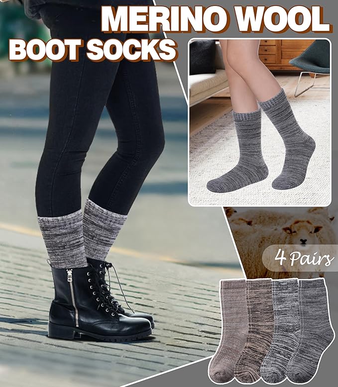 LANLEO Merino Wool Hiking Socks for Women Men Thermal Extra Thick Winter Warm Comfy Cushioning Crew Boot Socks 4 Pairs