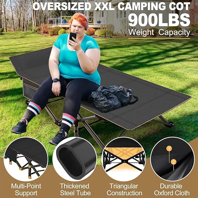 DoCred Oversized XXL Folding Camping Cot with Mattress, 2 Pack Heavy Duty Sleeping Cot Bed Portable Adults Outdoor Bed with Carry Bag, Travel Camp Cots