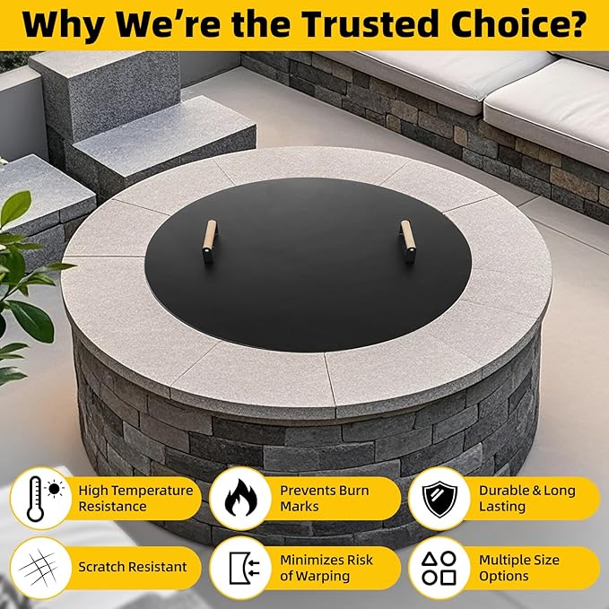 G GOOD GAIN Firepit Lid Round 34 Inch - Rust Resistant Fire Pit Lid Cover with Wooden Handle & Gloves, Fire Pit Snuffer Lid for Courtyards, Patio, Winter Cold Protection. Fits Fire Pits Up to 32"