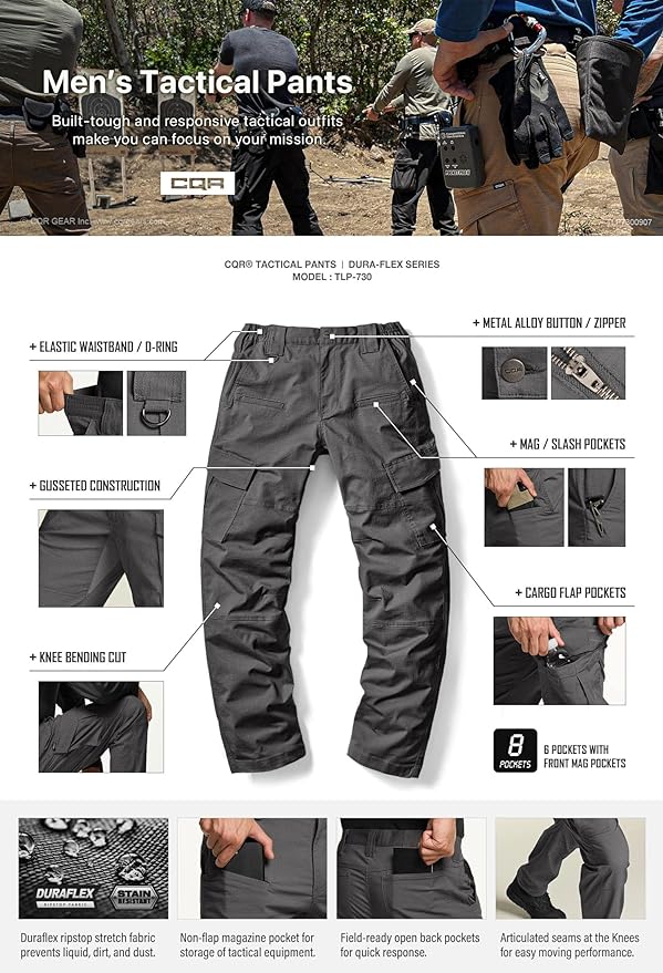 CQR Men's Flex Ripstop Tactical Pants, Water Resistant Stretch Cargo Pants, Lightweight EDC Hiking Work Pants