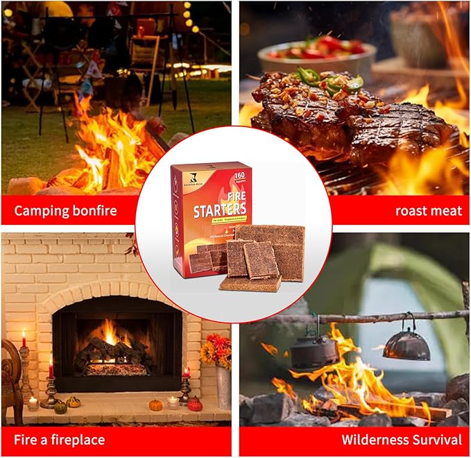 Fire Starter 160 pcs - Fire Starters for Campfire, Outdoor Fire Pit, Wood Stove, Logs Fireplaces, BBQ, Water Resistant & Odorless Firestarter - Camping Essentials