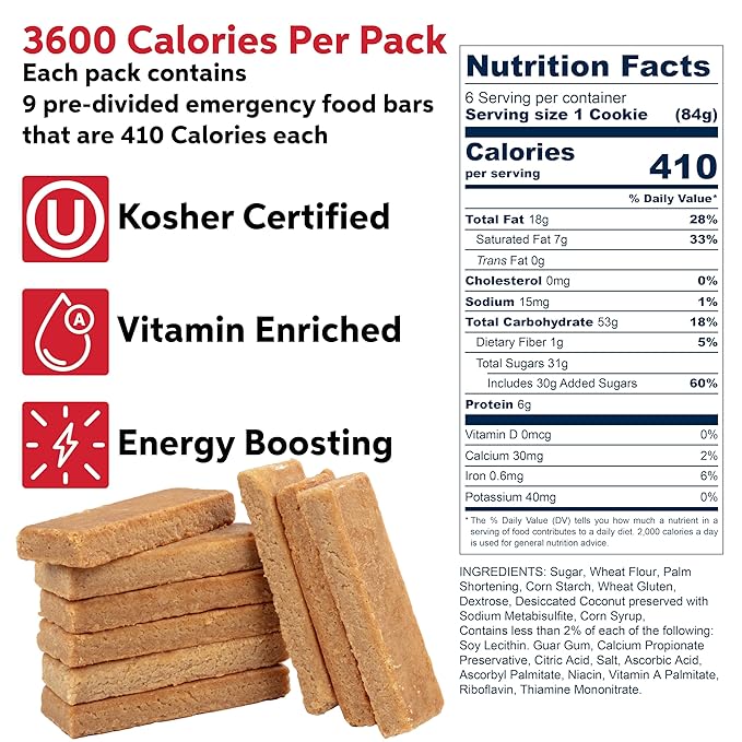 SOS Food Lab Emergency Food Bar - 3600 Calorie Ration (5 Pack Shortbread Cookie) - 3 Day/72 Hour Ready to Eat Supply for Camping, Hiking, Disaster Preparedness - 5 Year Shelf Life Energy Survival Food
