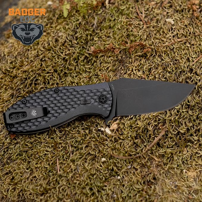 Off-Grid Knives - Badger EDC Folding Knife with Sandvik 14C28N Blade, Ball Bearing Pivot, G10 Scales, Grid-Lock, Ambidextrous Deep Carry Clip (Blackwash)