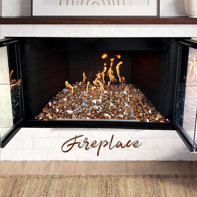 10 Pounds Fire Glass 1/2 Inch High Reflective Tempered Firepit Glass Rocks for Fireplace, Fire Pit Table, Fire Bowl and Landscaping (Amber)