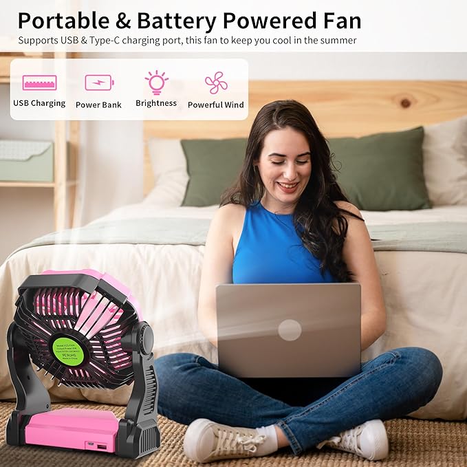Battery Powered Fan Rechargeable,Cordless Camping Fan with Led Lights & 360°Hook, USB Battery Operated Fans for Women,4 Speeds Tent Portable for Traveling X23 Pink