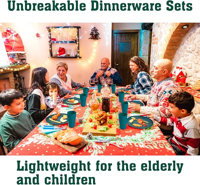 Green Unbreakable Plates and Bowls Sets Microwave and Dishwasher Safe,Dark Green Dinnerware Sets for 8,Christmas Reusable Plastic Dishes Set Lightweight for Kids Elderly Kitchen Adults Camping Outdoor