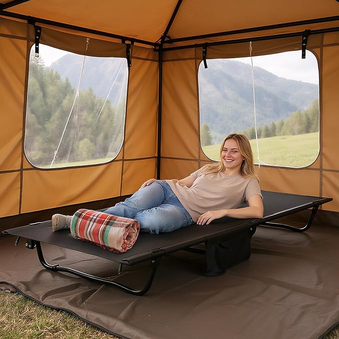 GYMAX Ultralight Camping Cot for Adults, Portable Folding Camping Bed w/Side Pocket, Carry Bag, Compact Sleeping Cot for Outdoor Backpacking Travel Hiking Home Beach, Supports 330 LBS (2)