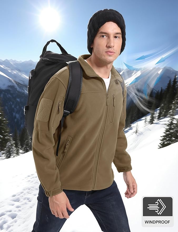 CRYSULLY Men's Fleece Jacket Tactical Full-Zip Winter Coat Jackets Multi Pockets