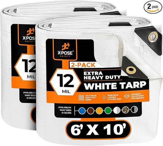 Heavy Duty White Poly Tarp 6' X 10' (2-Pack) - Multipurpose Protective Cover - Durable, Waterproof, Weather Proof, Rip and Tear Resistant - Extra Thick 12 Mil Polyethylene - by Xpose Safety