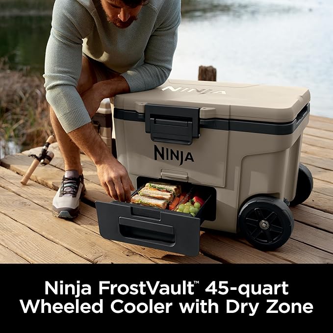 Ninja | Cooler | FrostVault 45QT Cooler with Wheels | Insulated with Temp Dry Storage Drawer | Keeps Ice Cold for Days | for The Beach, Camping, Picnics & More | Birch Beige | FB245CS