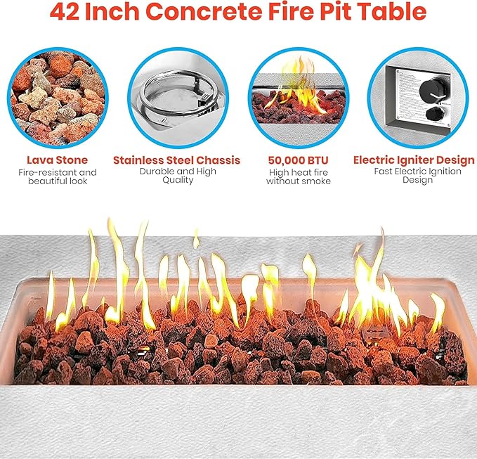 SereneLife Concrete Outdoor Propane Fire Pit Table - CSA/ETL Certified Safe 50,000BTU Pulse Ignition Weatherproof Square Propane Gas Fire Table - Adjustable Flame, Thermocouple - PVC Cover