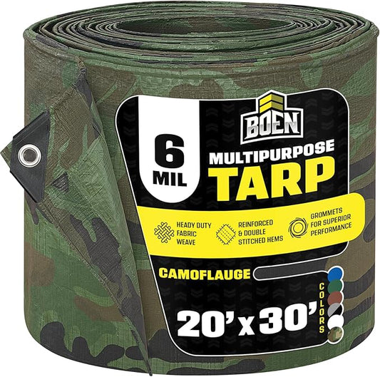 Heavy Duty Tarp Waterproof Large Cover | Camo, 20' x 30' 6 Mil Thick | Rip Proof Tarps | Thick Weave Material, UV Resistant Great for Tarpaulin Canopy Tent, Boat, RV or Pool Cover