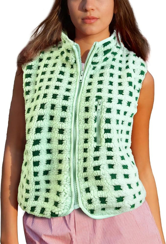 Colorful world Womens Checkered Sherpa Vest Fleece Jacket Lightweight Zip Up Sleeveless Crochet Plaid Gilet with Pocket