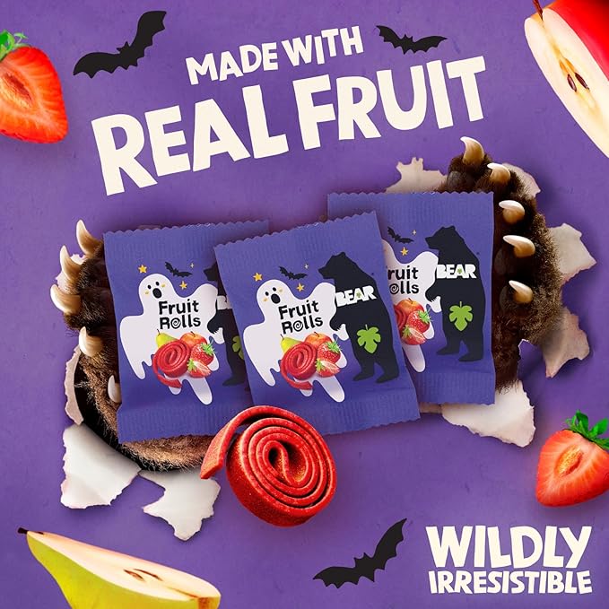 BEAR Real Fruit Snack Rolls - Gluten Free, Vegan, and Non-GMO - Strawberry – Halloween Pack - 20 Rolls, Healthy School And Lunch Snacks For Kids And Adults, 0.34 Ounce (Pack of 20)