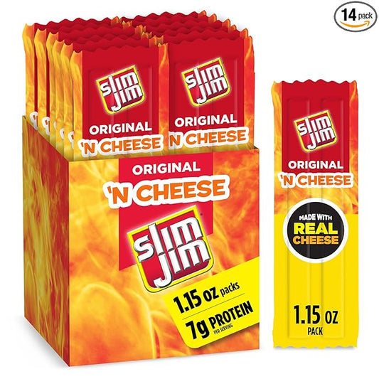 Slim Jim Beef 'N Cheese Smoked Meat Sticks, Original Flavor, 7g Protein Per Serving, 1.15 oz. (14 Count)