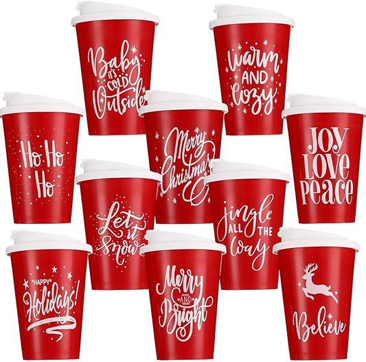 Sliner 10 Pcs Christmas Reusable Coffee Cups with Lids Bulk 12 oz Christmas Plastic Cup Gifts Xmas Drinks Tumblers with Snowflake for Coworkers Family Winter Party Favors (Red)
