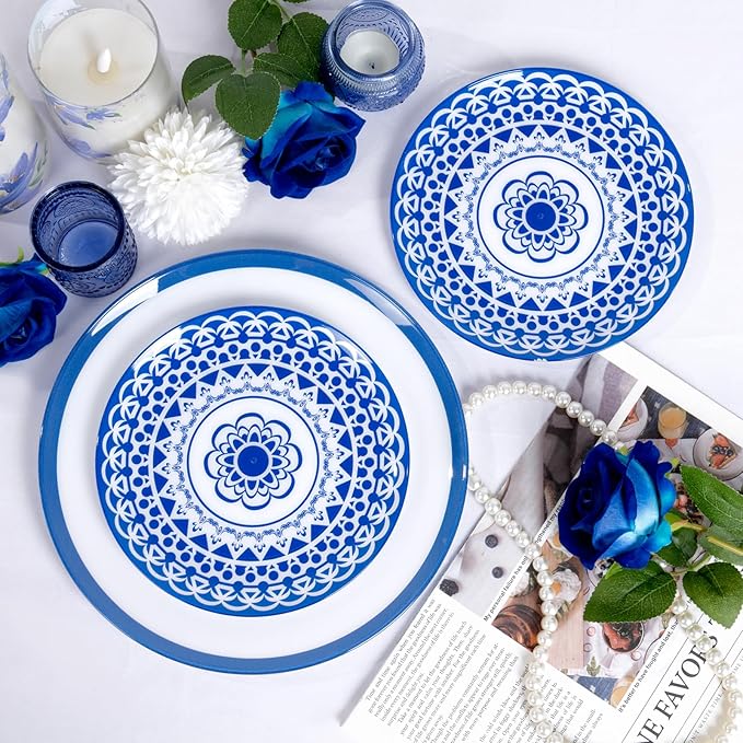 EI 60pcs Blue Plastic Plates Disposable Blue and White Floral Baroque Plastic Plates Fancy Decorative Plate Disposable Heavy Duty with Retro Classic Art Suitable for for Party,Birthday,Wedding
