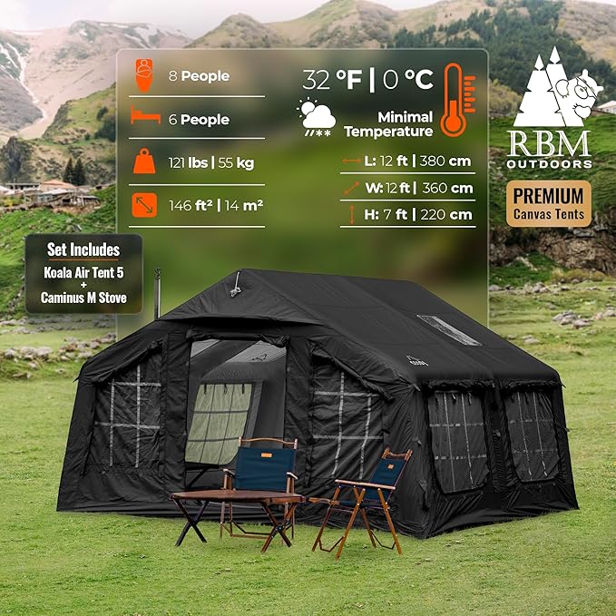 Coody | Rbm Outdoors Koala/Hub/Octopus Inflatable Tents for Camping with Stove Jack, 2/8/10 Person Luxury Canvas Blow Up Tent, 2 Room, Easy Setup Casa de Campaña, Large Inflatable House with Pump