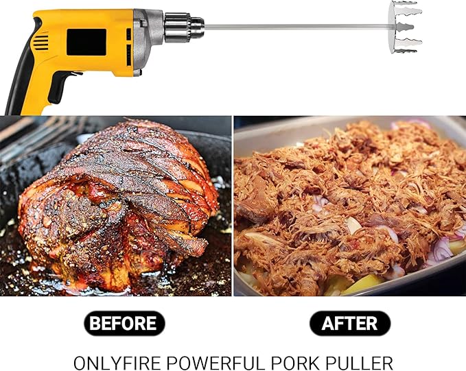 Onlyfire 3 Inch Pork Puller, Upgraded Ultra-Sharp Stainless Steel Meat Fork Meat Shredder Used with Standard Hand Drill for Beef, Chicken, Potato Masher and Tamale Meat