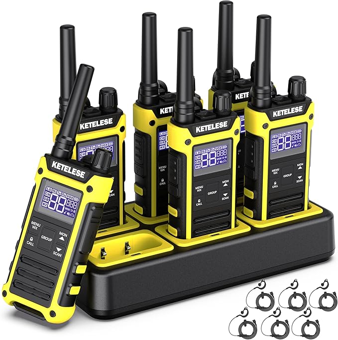 T3F Walkie Talkies 6 Pack for Adults, IP67 Waterproof 2 Way Radios Rechargable, with Earpiece and Mic, Shock Resistant, Dual PTT, One Key Group Call, VOX, NOAA&Wheather Alert, Black/Yellow