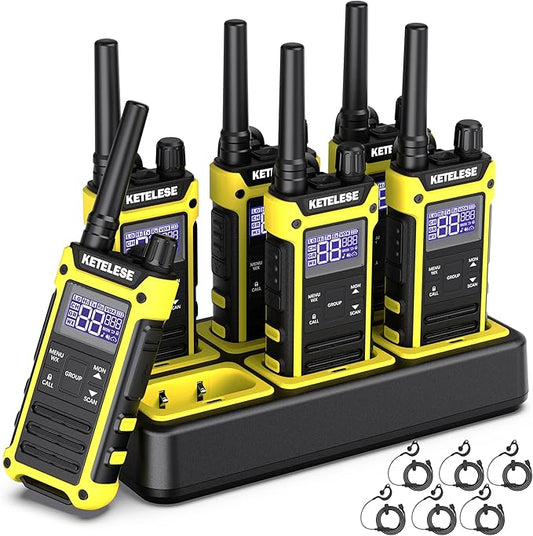 T3F Walkie Talkies 6 Pack for Adults, IP67 Waterproof 2 Way Radios Rechargable, with Earpiece and Mic, Shock Resistant, Dual PTT, One Key Group Call, VOX, NOAA&Wheather Alert, Black/Yellow