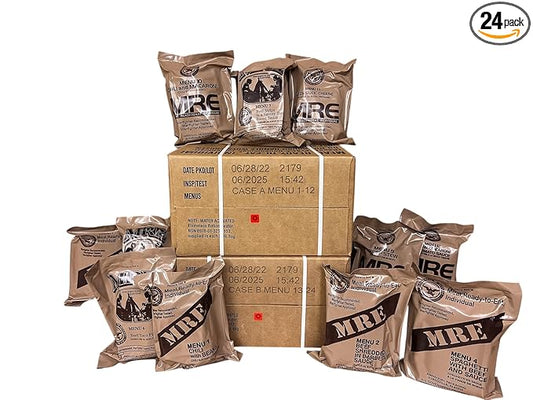 24 Military-Style MREs – Case A & B – Complete Meals with Flameless Heaters – Emergency Food Supply for Survival, Camping & Prepping – Long Shelf Life – All Menus Included