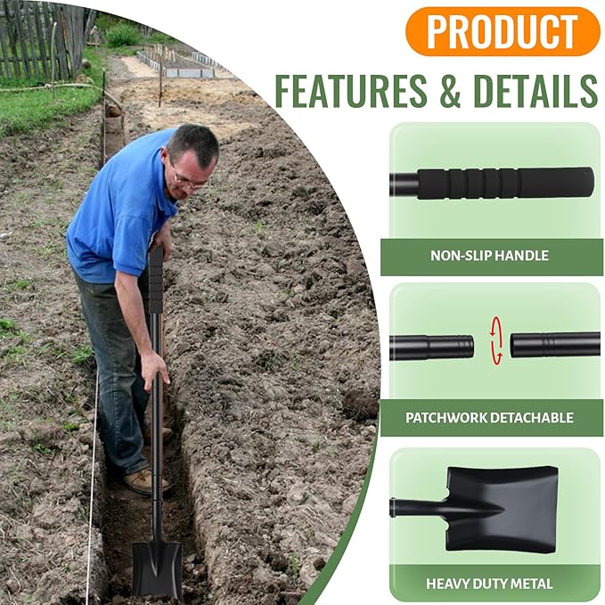 Small Square Shovels for Digging, Garden Spade Shovel Beach Shovels with 43.3in Handle,Heavy Duty Portable Metal Shovel for Gardening Camping Trenching Digging Landscaping,Off-Road,Black