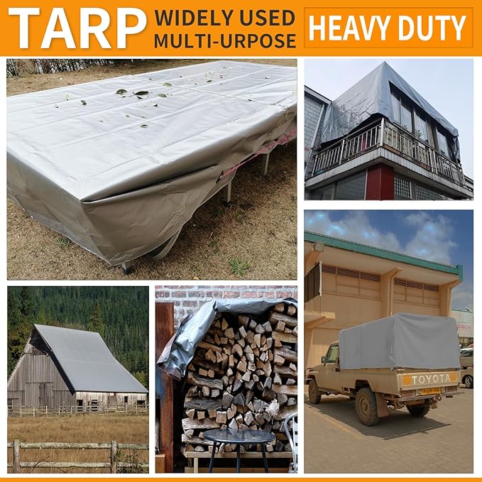 Tarp Heavy Duty Waterproof 8x16ft,TEZONG Silver Plastic Tarp 12Mil Outdoor Tarpaulin Cover for Emergency Rain,Patio Furniture,Wood,Roof,Camping,Car,Pool