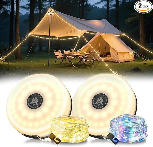 L LOHAS LED Upgraded 2 Packs Camping String Lights, 4 in 1 Quick Recovery Waterproof Camping Lights, 32.8FT with 8 Modes, Camping Essentials for Yard, Tent, Hiking, Patio, and Holiday Decoration