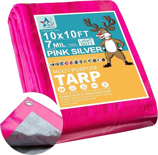 STARPYNG-7 Mil Pink/Silver 10x10 Feet Tarp-Multifunctional Waterproof Tarpaulin-Waterproof, UV Resistant, Rip and Tear Resistant, Poly Tarpaulin with Reinforced Edges for Cover