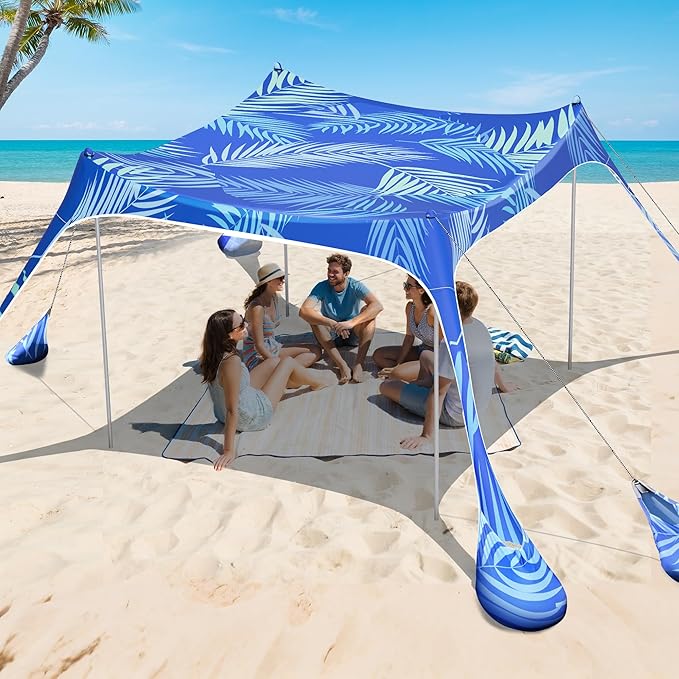 2PM SPORTS Beach Tent Canopy with UPF50+ UV Protection, Outdoor Large Beach Sun Shade Shelter for Family Picnic Camping Travel Shore Fishing, 8 Sandbags, Sand Shovel (Areca Palm, 8x8 FT)