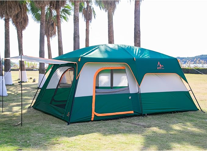 KTT Extra Large Tent 6-10-12-14 Person(A),Family Cabin Tents,2 Rooms,3 Doors and 3 Windows with Mesh,Straight Wall,Waterproof,Double Layer,Big Tent for Outdoor,Picnic,Camping,Family Gathering