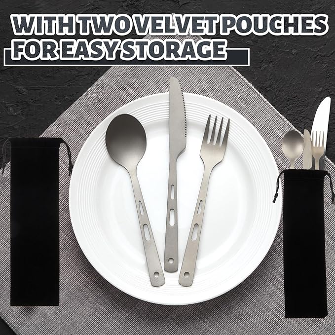 6 Pcs Pure Titanium Fork Spoon Knife Camping Utensils Set Portable Titanium Cutlery, Lightweight Travel Tableware Utensil Set with Carrying Bag for Outdoor Camping Backpacking Picnic Hiking