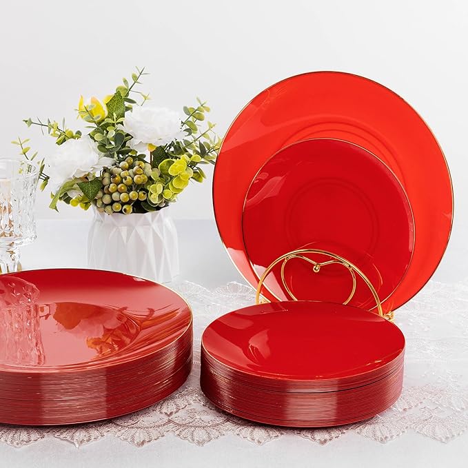 100PCS Red Plastic Plates, Red Disposable Plates for Party, Graduation, Include 50 Dinner Plates, 50 Dessert Plates for 50 Guests