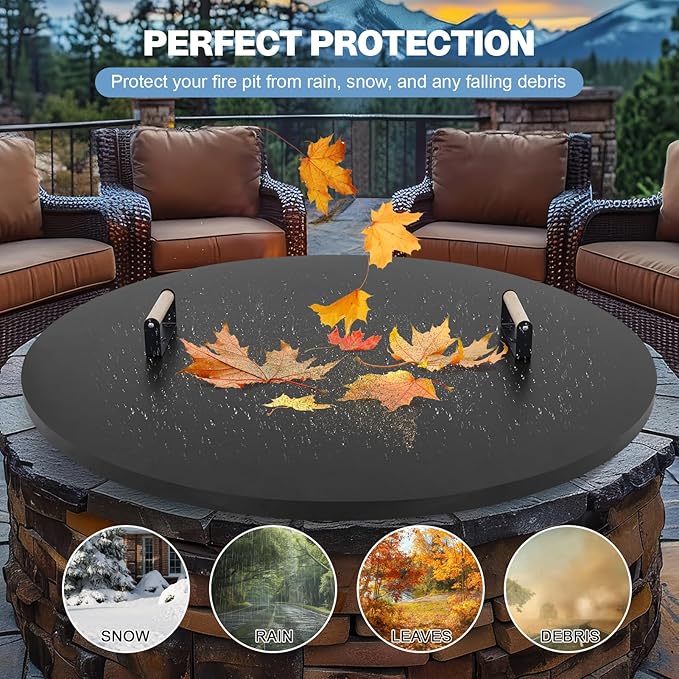 Fire Pit Lid Cover Round - 38" Rust Resistant Powder Coated Steel Firepit Cover or Table with 2 Wooden Handles for Patio Fire Pit, Weatherproof for All Seasons, Fits Fire Pits Up to 36"
