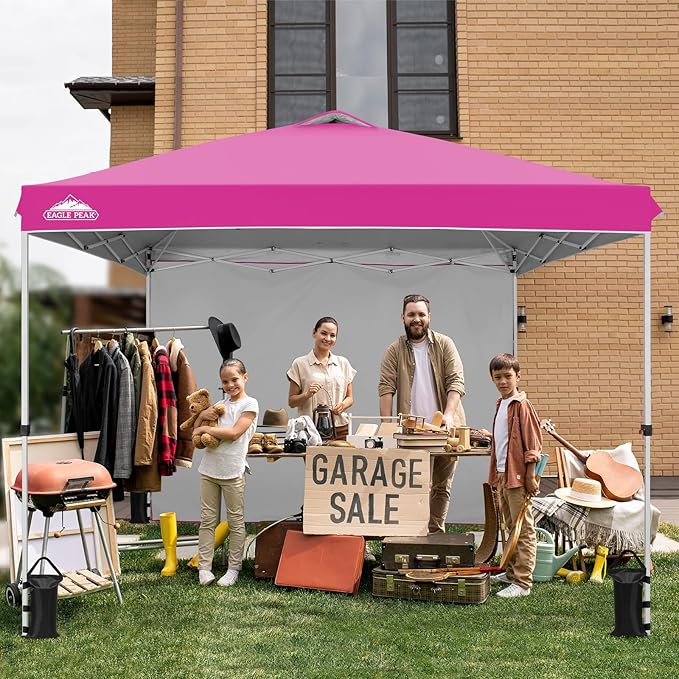 EAGLE PEAK Pop Up Canopy Tent with 1 Sidewall, Easy Setup Event Tent, Outdoor Sun Shade, Wheeled Carry Bag, Stakes and Guy Ropes, Instant Canopy 10x10, Pink